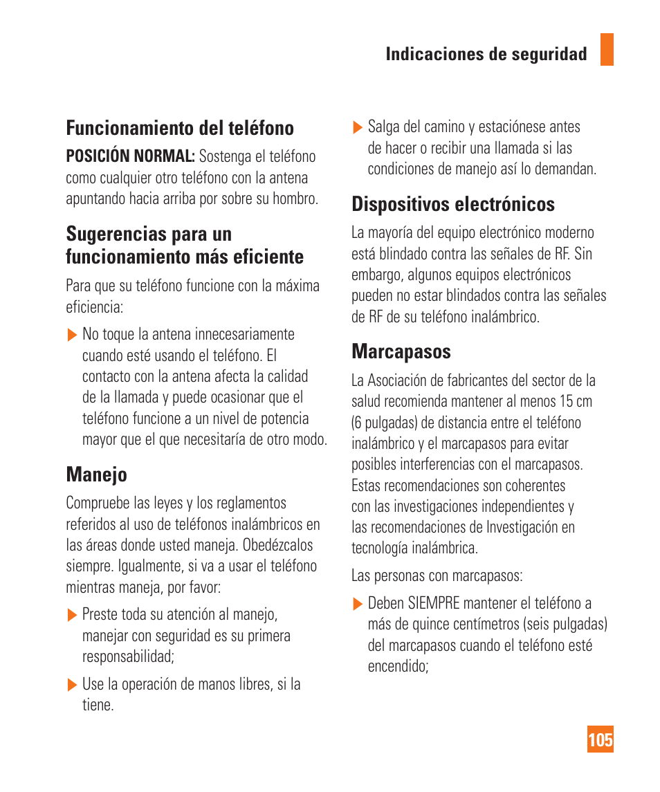 Funcionamiento del teléfono, Sugerencias para un funcionamiento más eficiente, Manejo | Dispositivos electrónicos, Marcapasos | LG LGC900 User Manual | Page 223 / 244