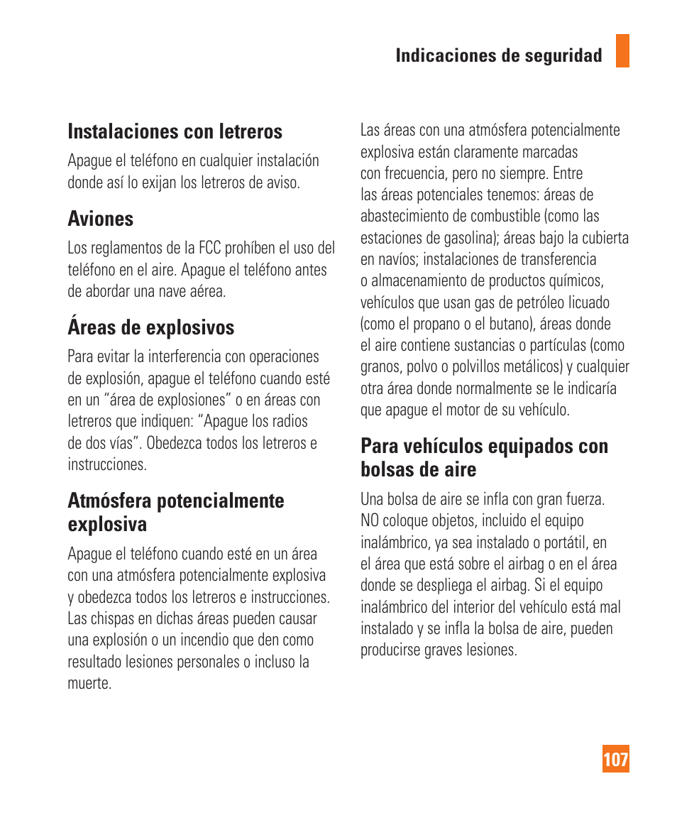 Instalaciones con letreros, Aviones, Áreas de explosivos | Atmósfera potencialmente explosiva, Para vehículos equipados con bolsas de aire | LG LGC900 User Manual | Page 225 / 244