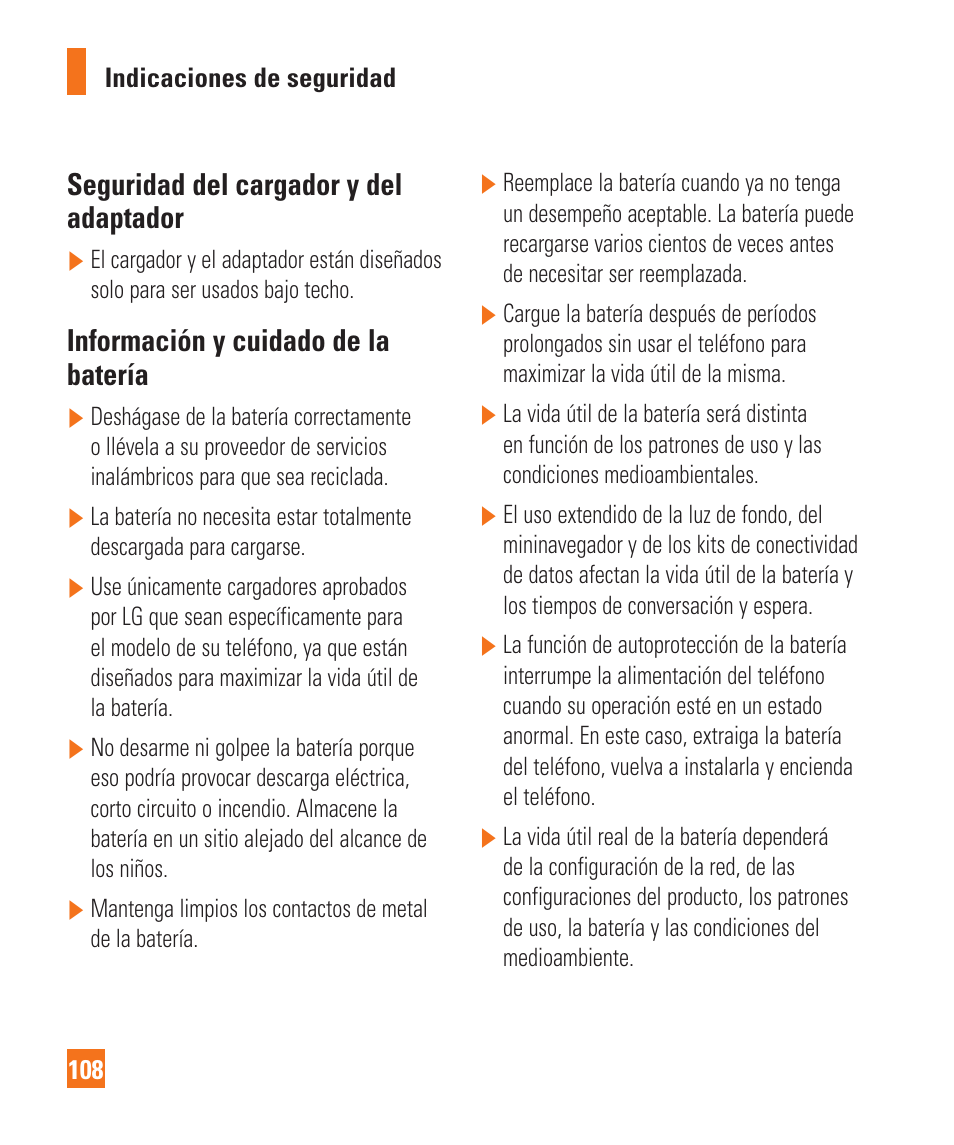 Seguridad del cargador y del adaptador, Información y cuidado de la batería | LG LGC900 User Manual | Page 226 / 244