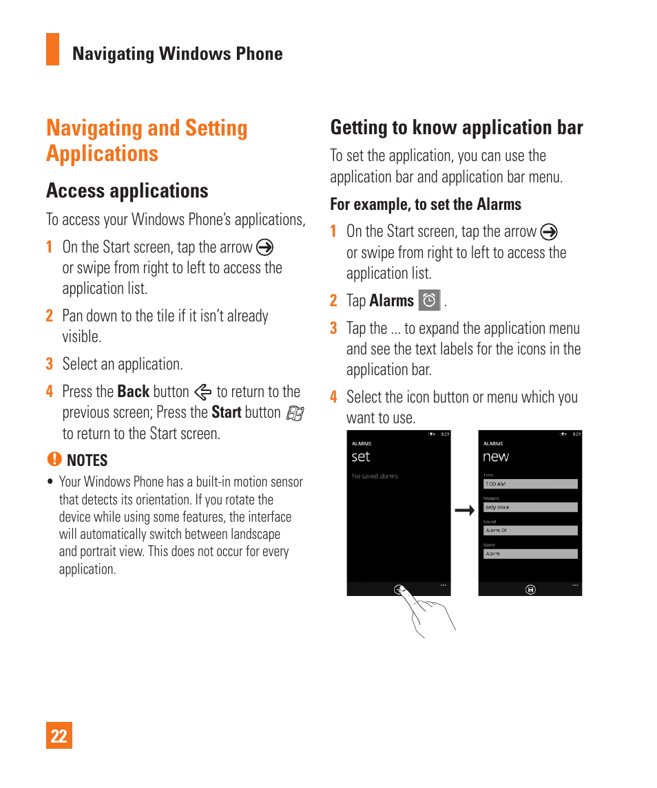 Navigating and setting applications, Access applications, Getting to know application bar | LG LGC900 User Manual | Page 26 / 244