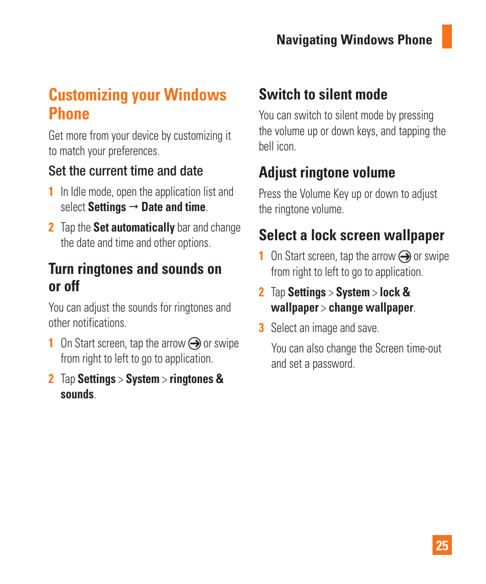 Customizing your windows phone, Turn ringtones and sounds on or off, Switch to silent mode | Adjust ringtone volume, Select a lock screen wallpaper | LG LGC900 User Manual | Page 29 / 244