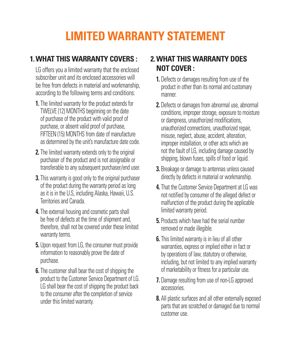 Limited warranty statement | LG LGC900 User Manual | Page 3 / 244