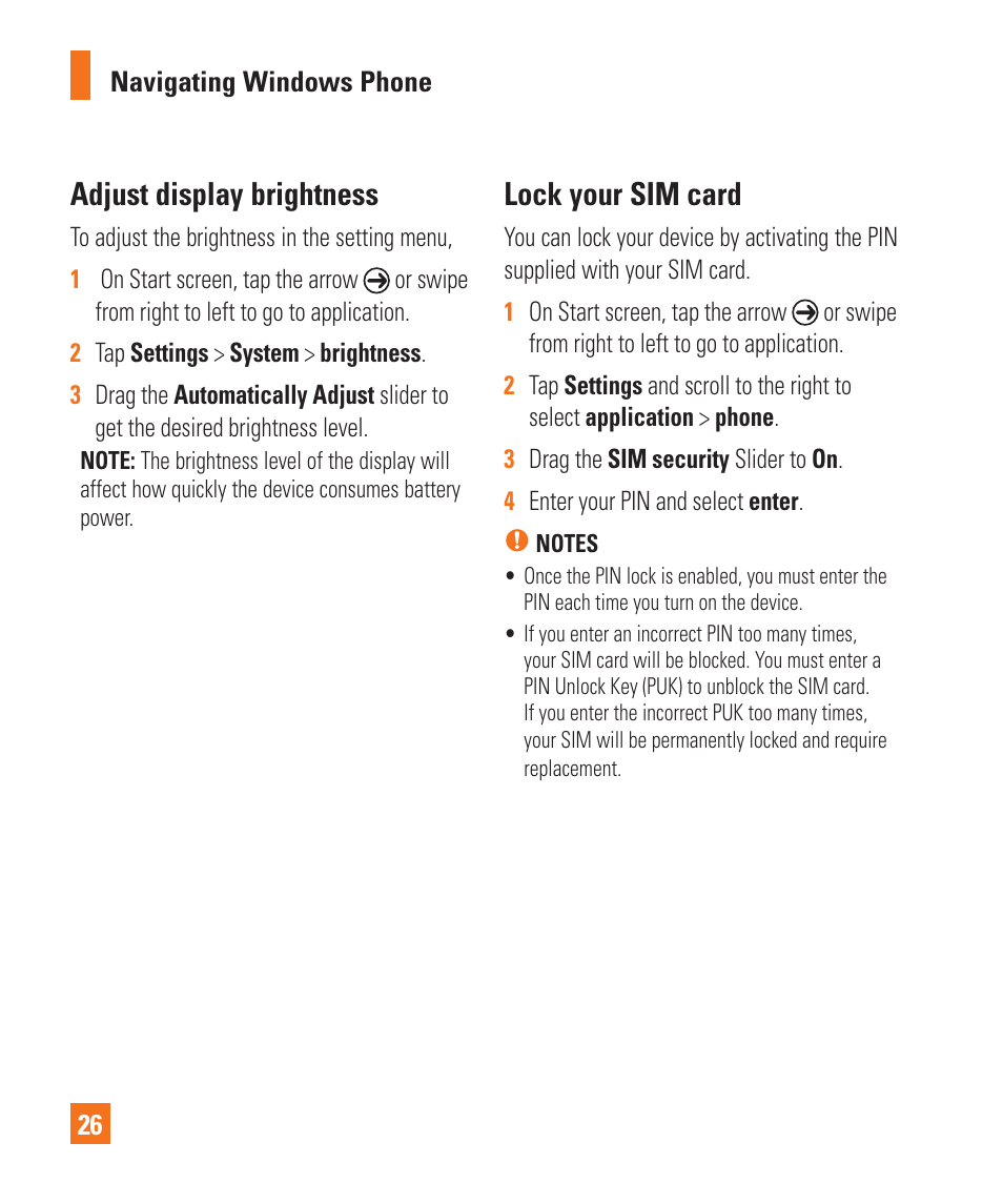 Adjust display brightness, Lock your sim card | LG LGC900 User Manual | Page 30 / 244