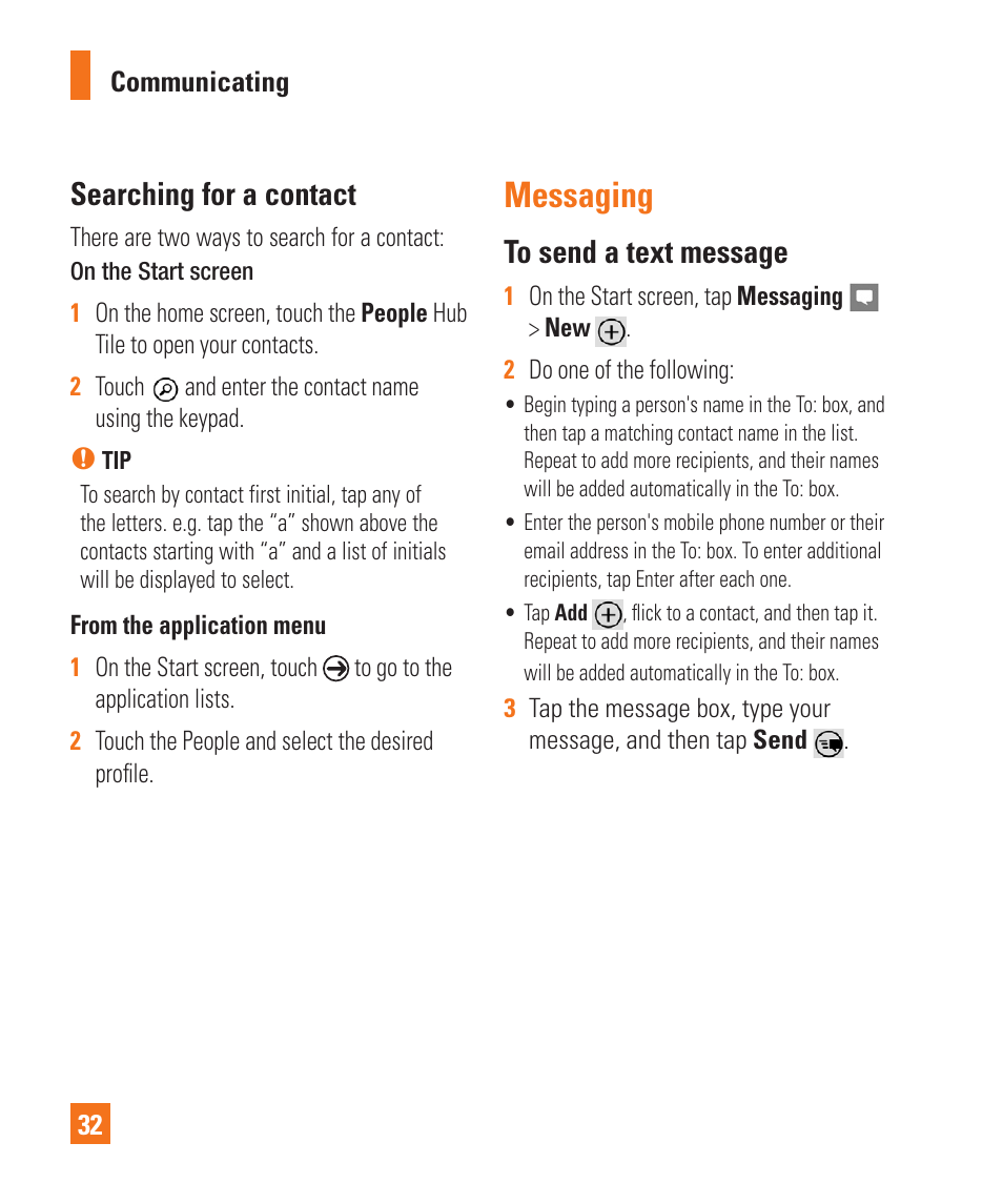 Messaging, Searching for a contact | LG LGC900 User Manual | Page 36 / 244