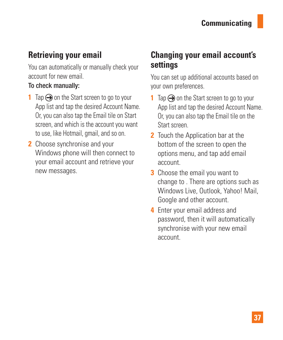 Retrieving your email, Changing your email account’s settings | LG LGC900 User Manual | Page 41 / 244