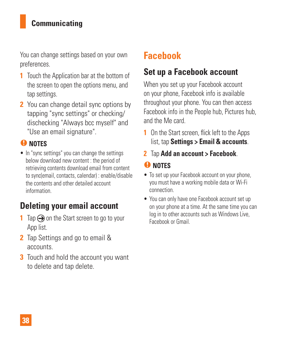 Facebook, Deleting your email account, Set up a facebook account | LG LGC900 User Manual | Page 42 / 244