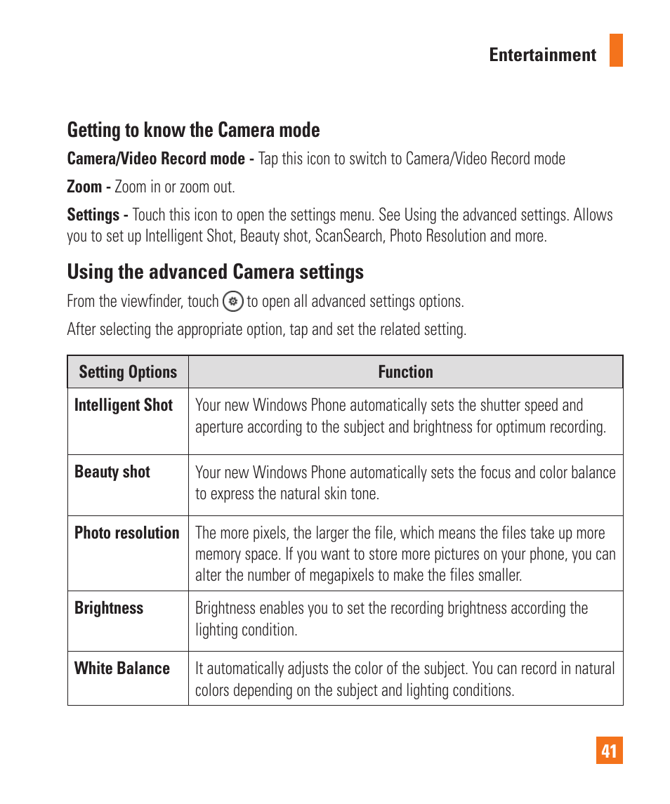 Getting to know the camera mode, Using the advanced camera settings | LG LGC900 User Manual | Page 45 / 244