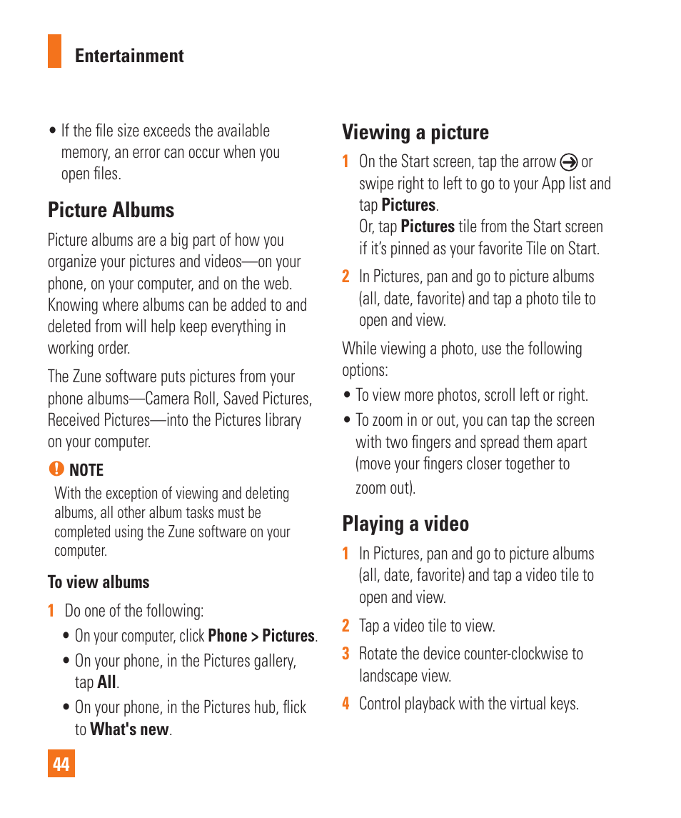 Picture albums, Viewing a picture, Playing a video | LG LGC900 User Manual | Page 48 / 244