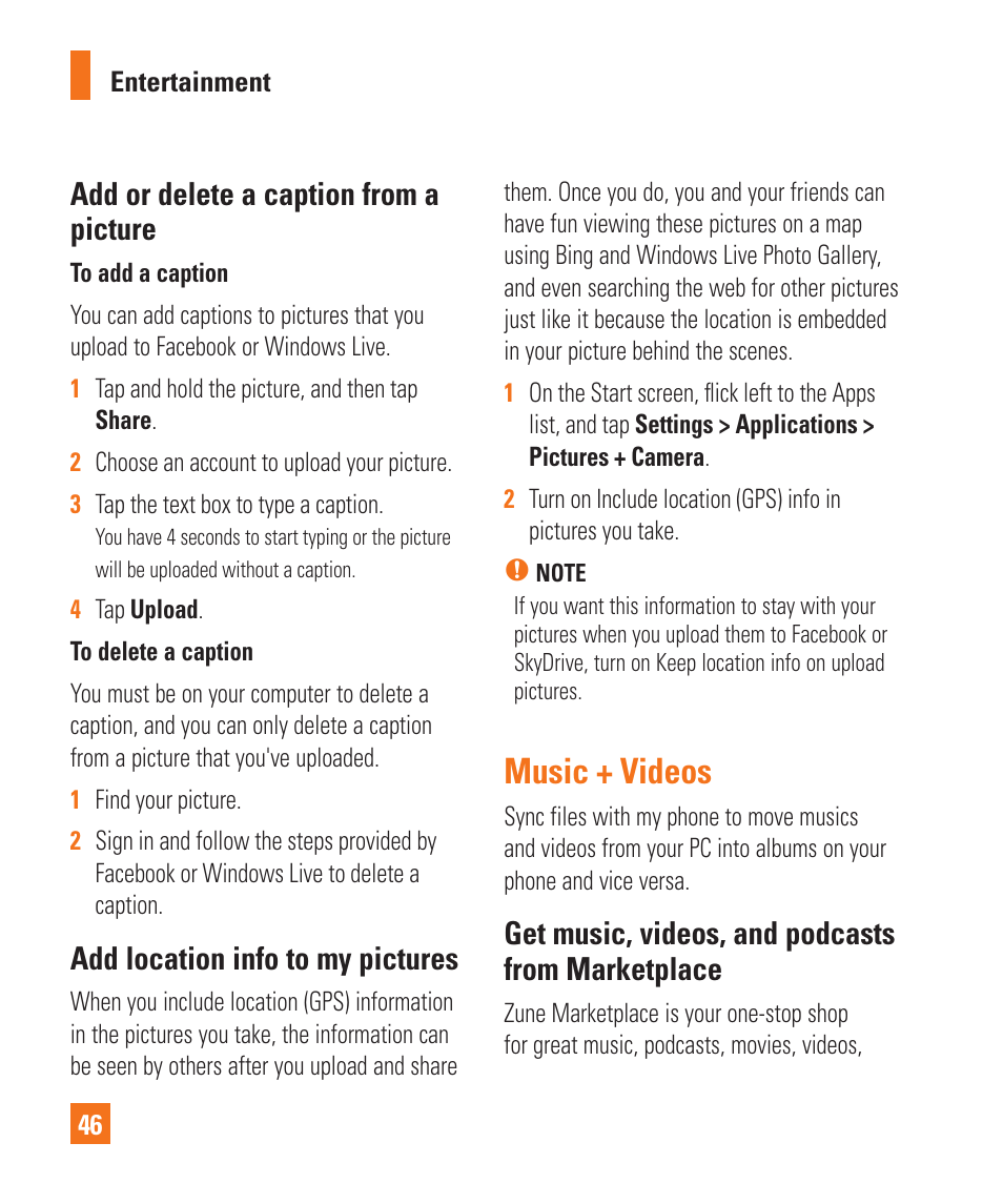 Music + videos, Add or delete a caption from a picture, Add location info to my pictures | Get music, videos, and podcasts from marketplace | LG LGC900 User Manual | Page 50 / 244