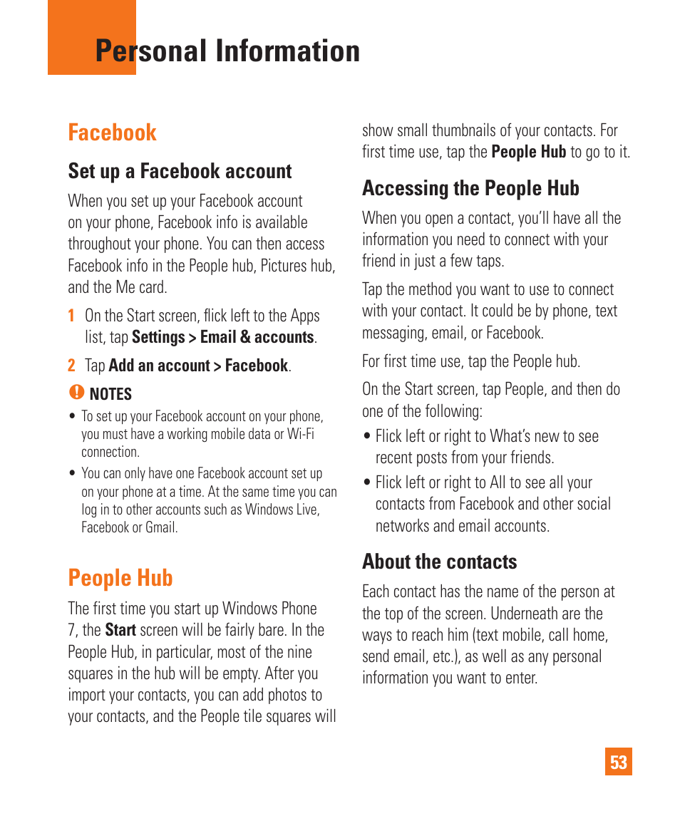 Personal information, Facebook, People hub | Set up a facebook account, Accessing the people hub, About the contacts | LG LGC900 User Manual | Page 57 / 244