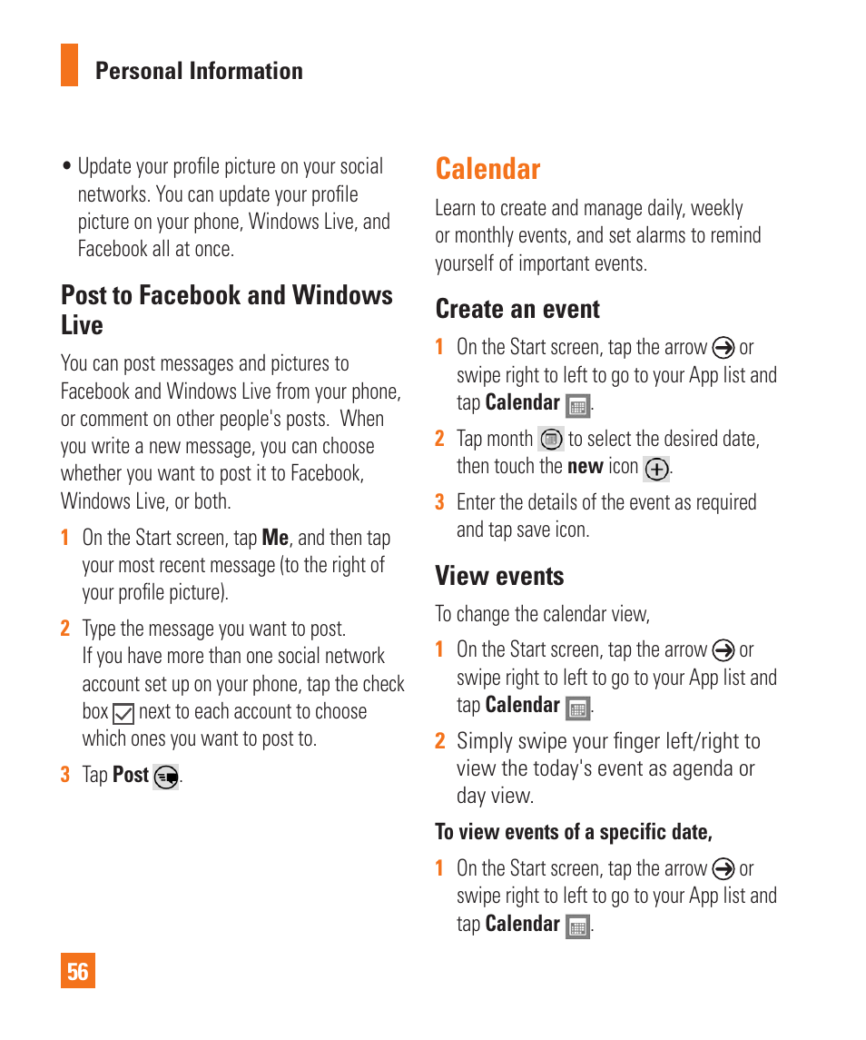 Calendar, Post to facebook and windows live, Create an event | View events | LG LGC900 User Manual | Page 60 / 244