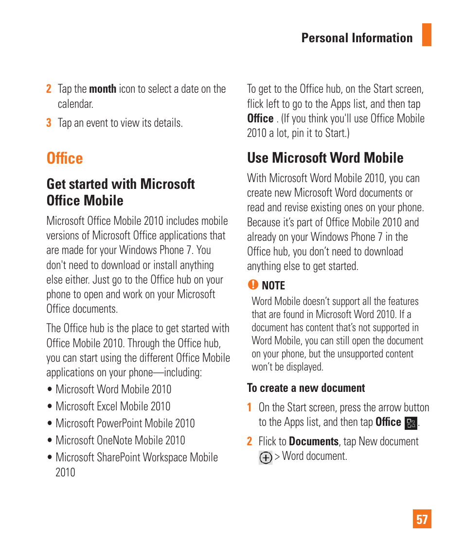 Office, Get started with microsoft office mobile, Use microsoft word mobile | LG LGC900 User Manual | Page 61 / 244