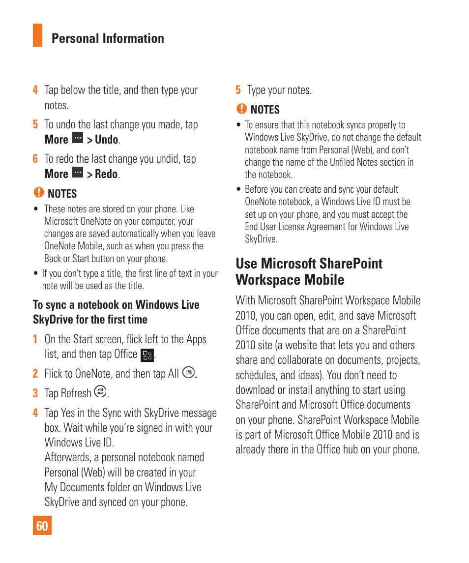 Use microsoft sharepoint workspace mobile, Personal information 60, Redo | 3 tap refresh | LG LGC900 User Manual | Page 64 / 244