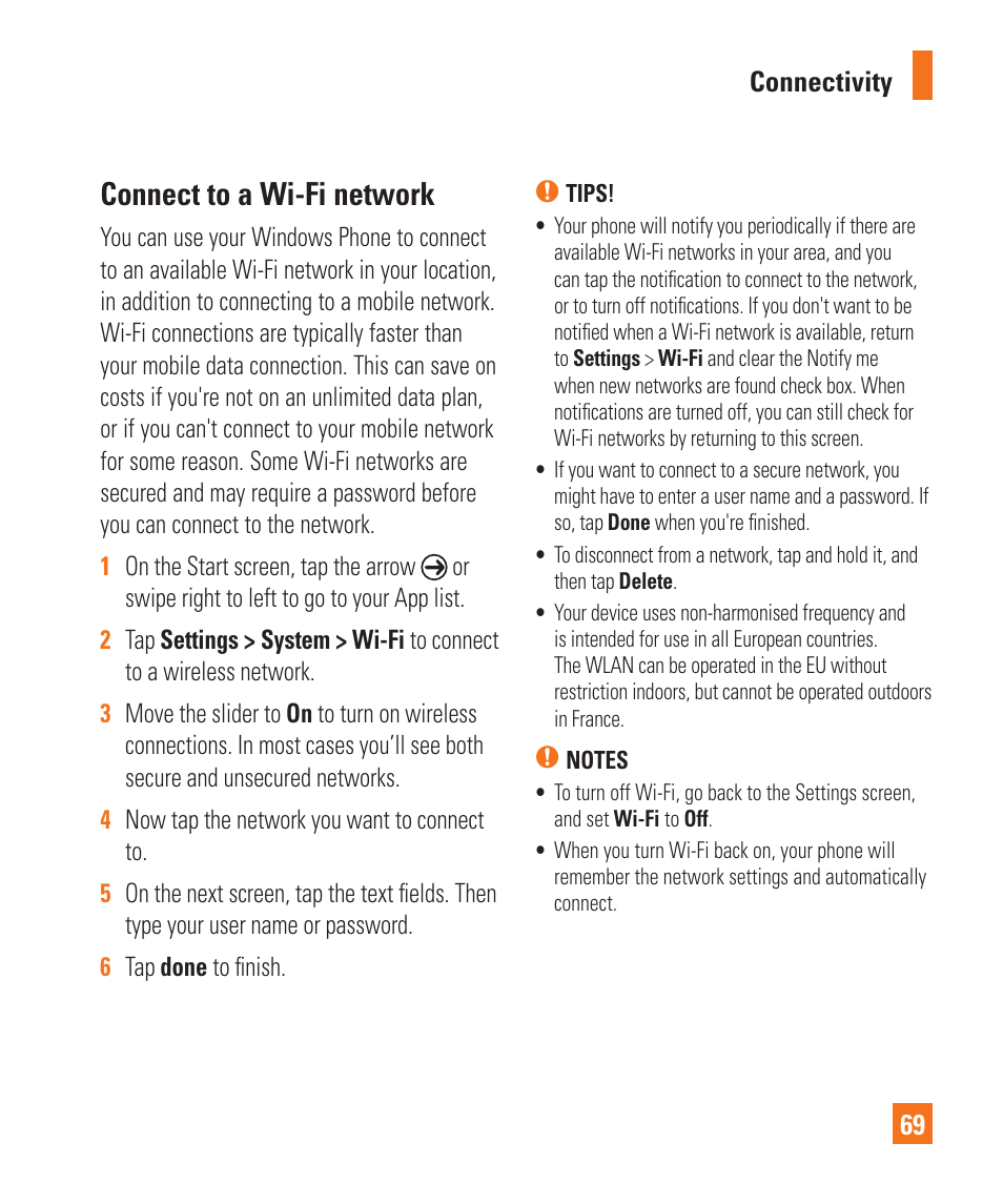 Connect to a wi-fi network | LG LGC900 User Manual | Page 73 / 244