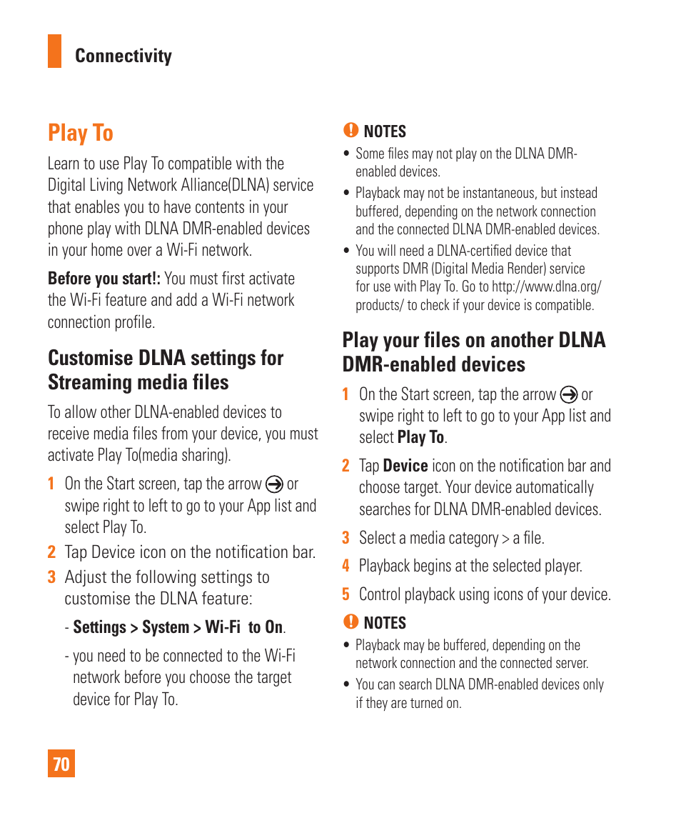 Play to, Customise dlna settings for streaming media files | LG LGC900 User Manual | Page 74 / 244