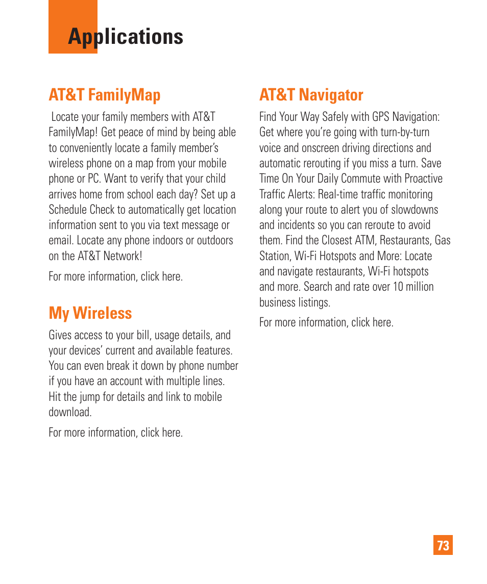 Applications, At&t familymap, My wireless | At&t navigator | LG LGC900 User Manual | Page 77 / 244