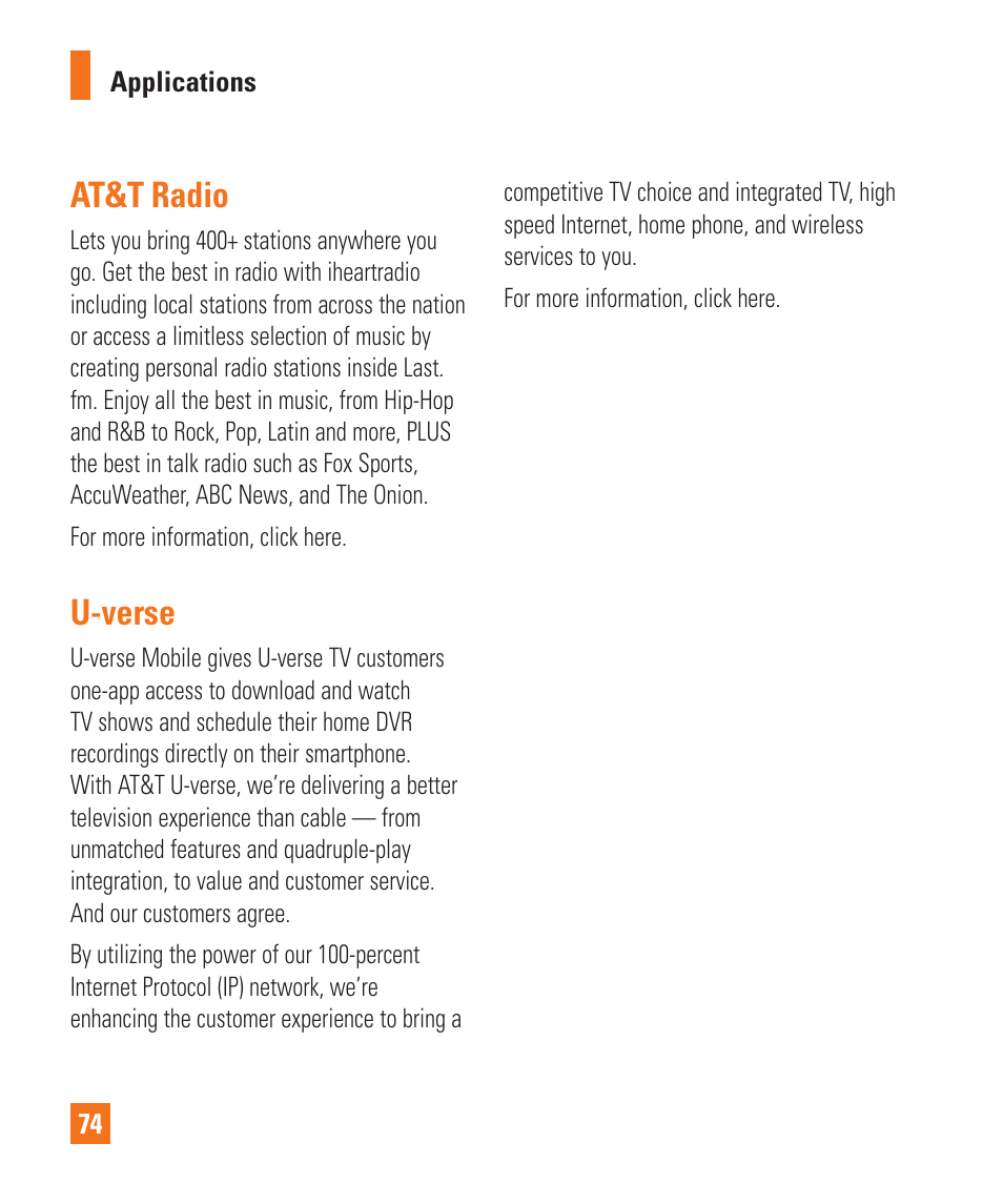 At&t radio, U-verse | LG LGC900 User Manual | Page 78 / 244