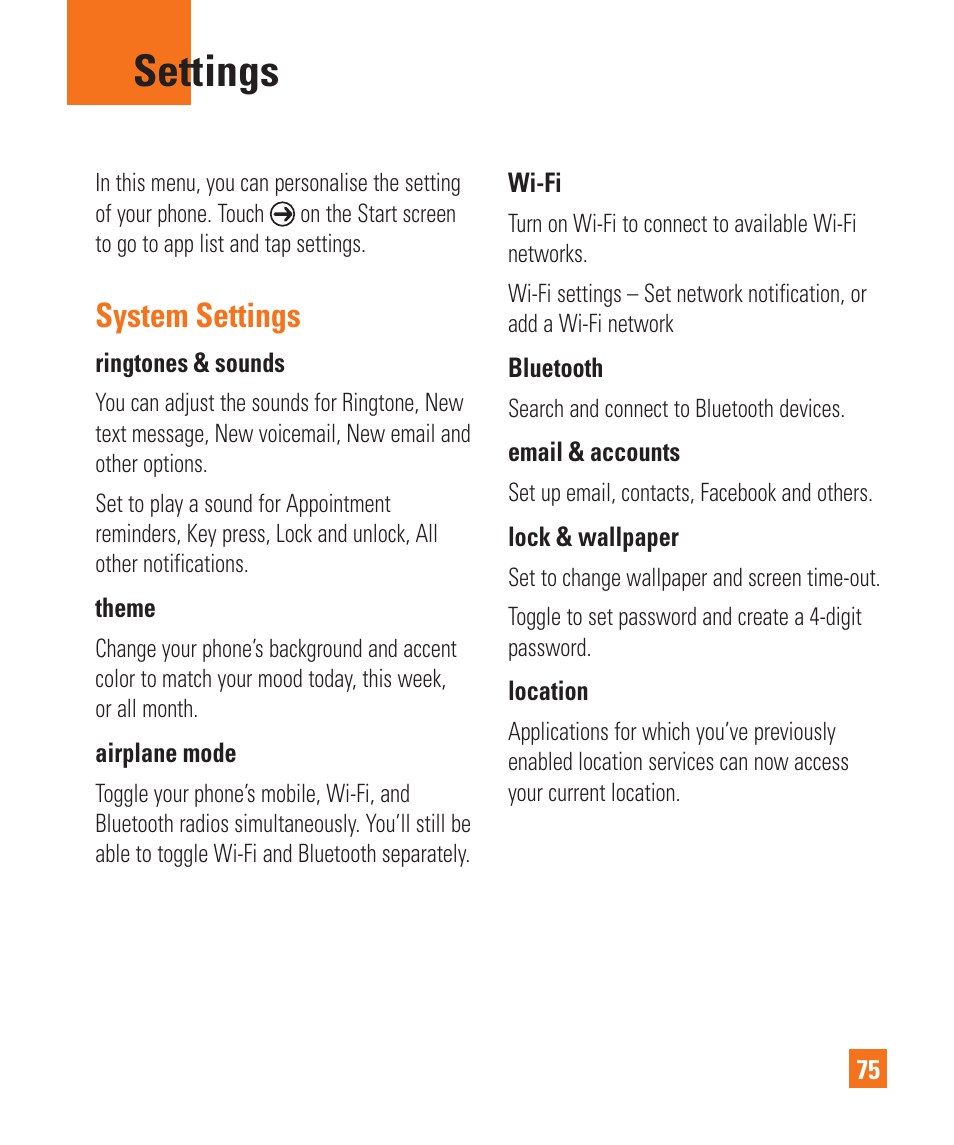 Settings, System settings | LG LGC900 User Manual | Page 79 / 244