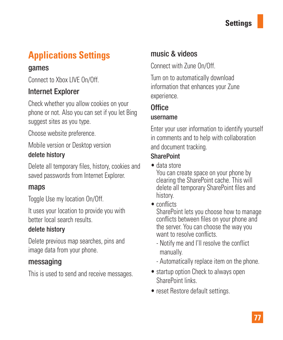 Applications settings | LG LGC900 User Manual | Page 81 / 244