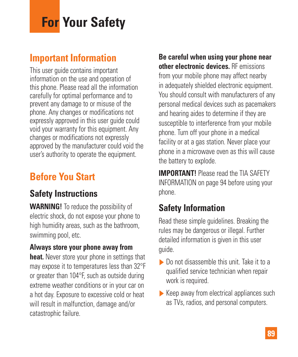 For your safety, Important information, Before you start | Safety instructions, Safety information | LG LGC900 User Manual | Page 93 / 244