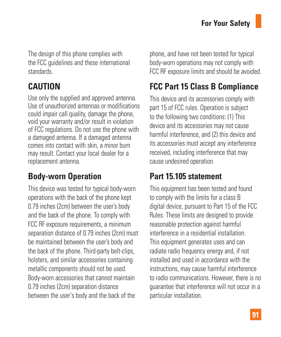 Caution, Body-worn operation, Fcc part 15 class b compliance | LG LGC900 User Manual | Page 95 / 244