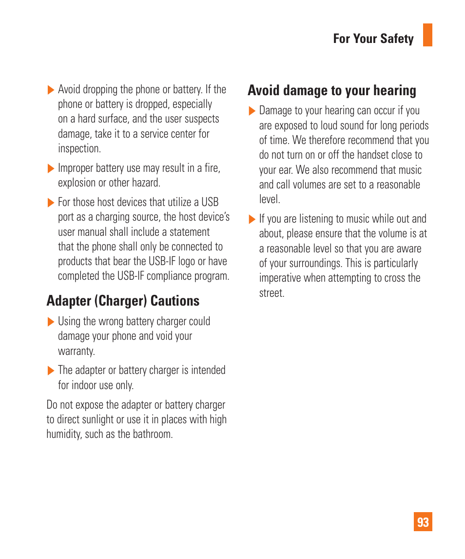 Adapter (charger) cautions, Avoid damage to your hearing | LG LGC900 User Manual | Page 97 / 244