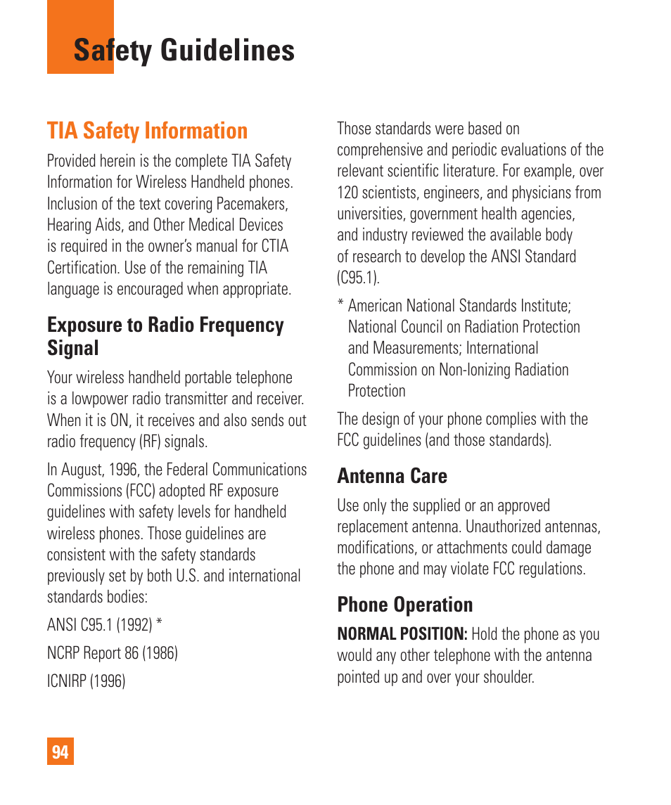 Safety guidelines, Tia safety information, Exposure to radio frequency signal | Antenna care, Phone operation | LG LGC900 User Manual | Page 98 / 244