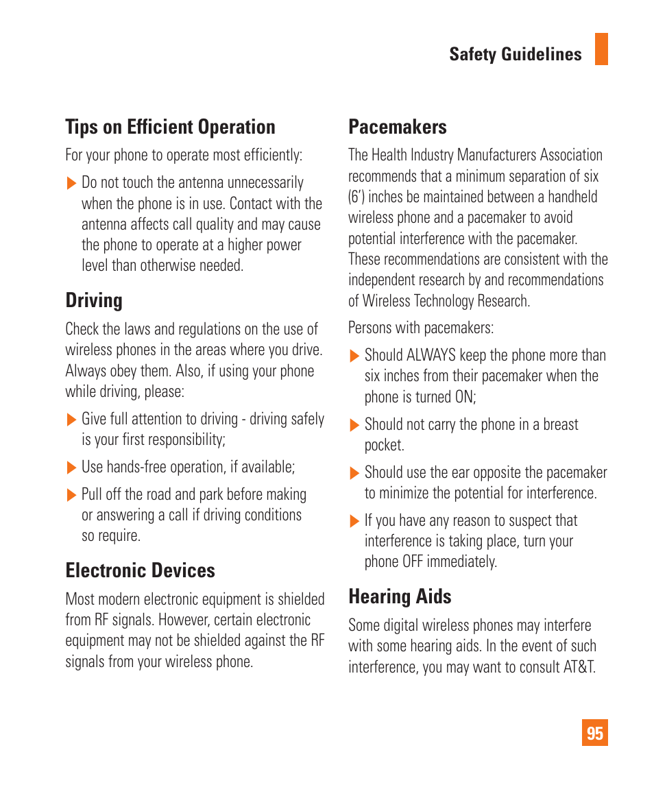 Tips on efficient operation, Driving, Electronic devices | Pacemakers, Hearing aids | LG LGC900 User Manual | Page 99 / 244