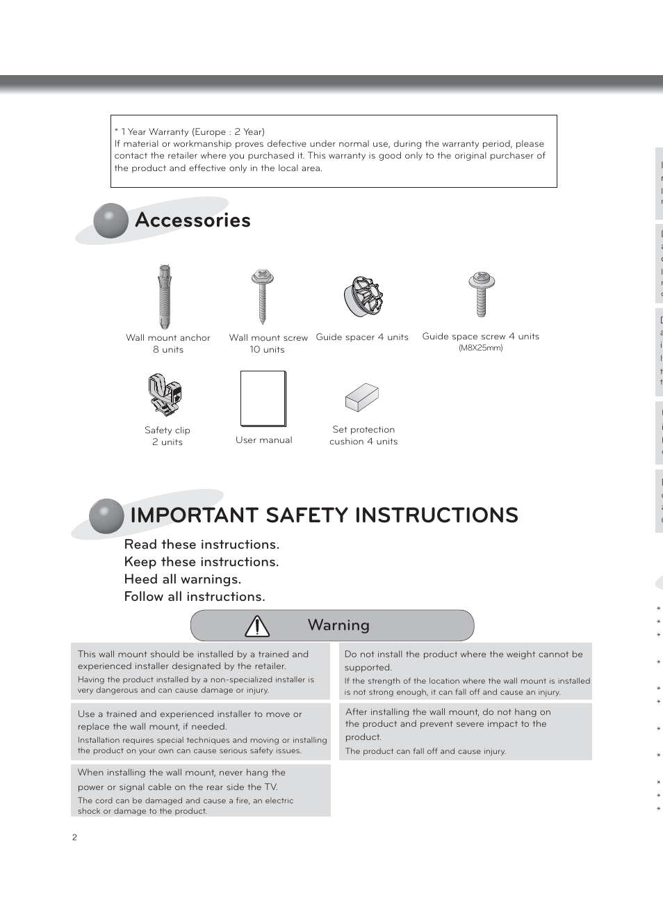 Accessories, Important safety instructions, Warning | LG LSW600B User Manual | Page 2 / 12