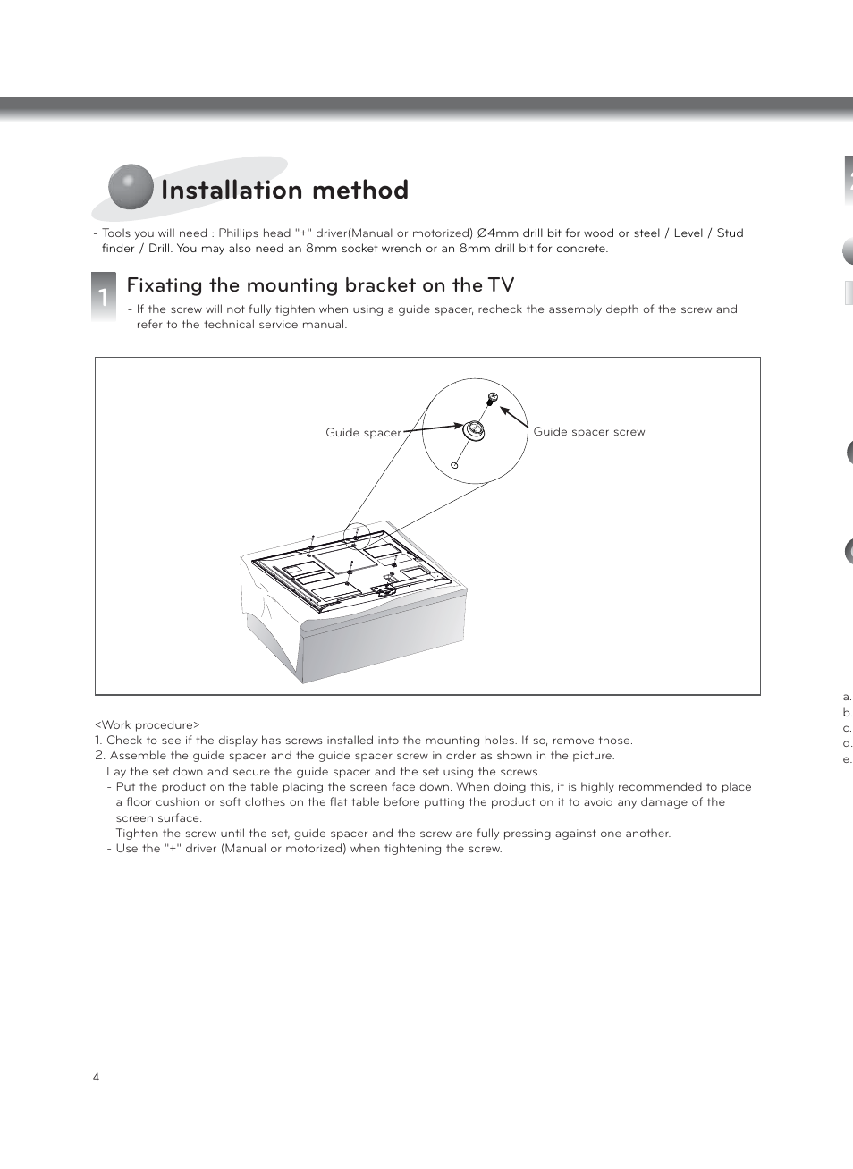 Installation method, Fixating the mounting bracket on the tv | LG LSW600B User Manual | Page 4 / 12