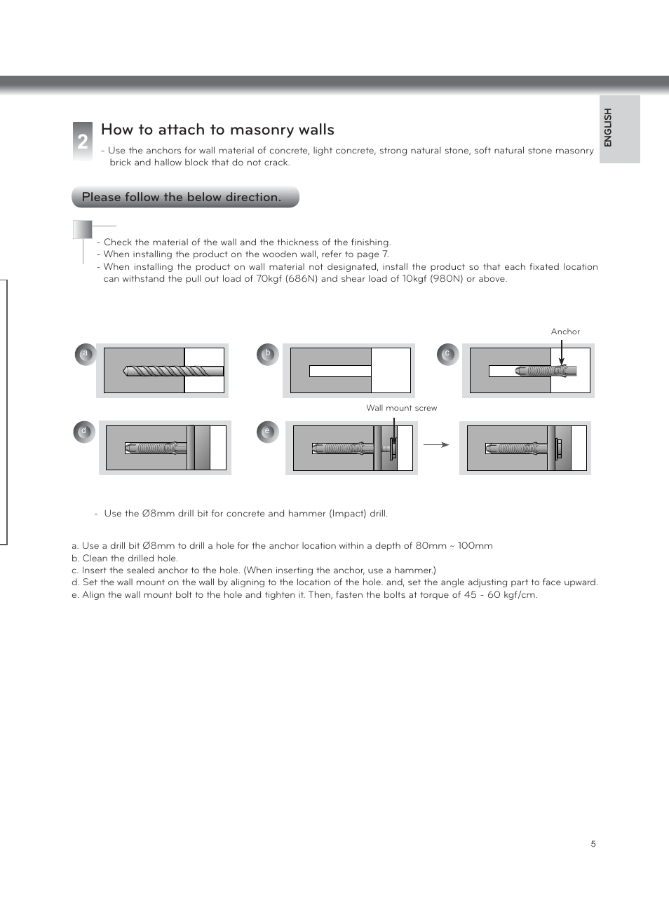 How to attach to masonry walls, Please follow the below direction | LG LSW600B User Manual | Page 5 / 12