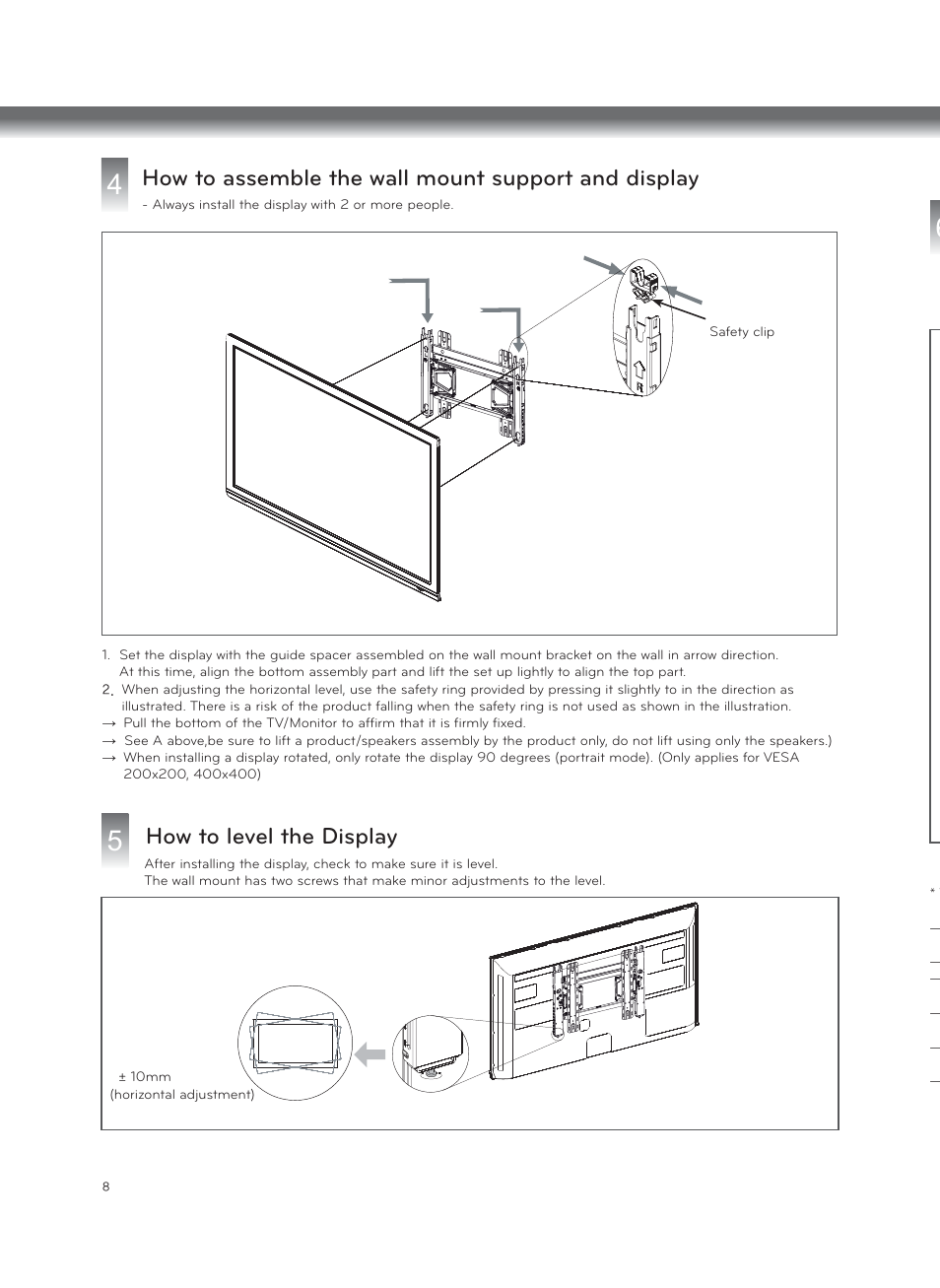 How to level the display, How to assemble the wall mount support and display | LG LSW600B User Manual | Page 8 / 12