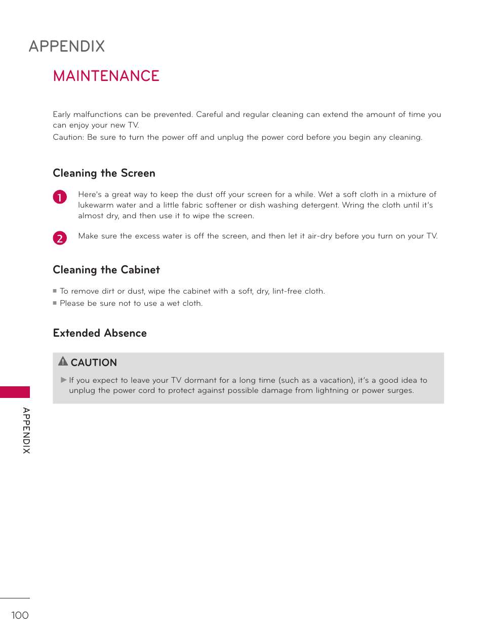 Maintenance, Appendix, Cleaning the screen | Cleaning the cabinet, Extended absence | LG 32LD320H User Manual | Page 100 / 267