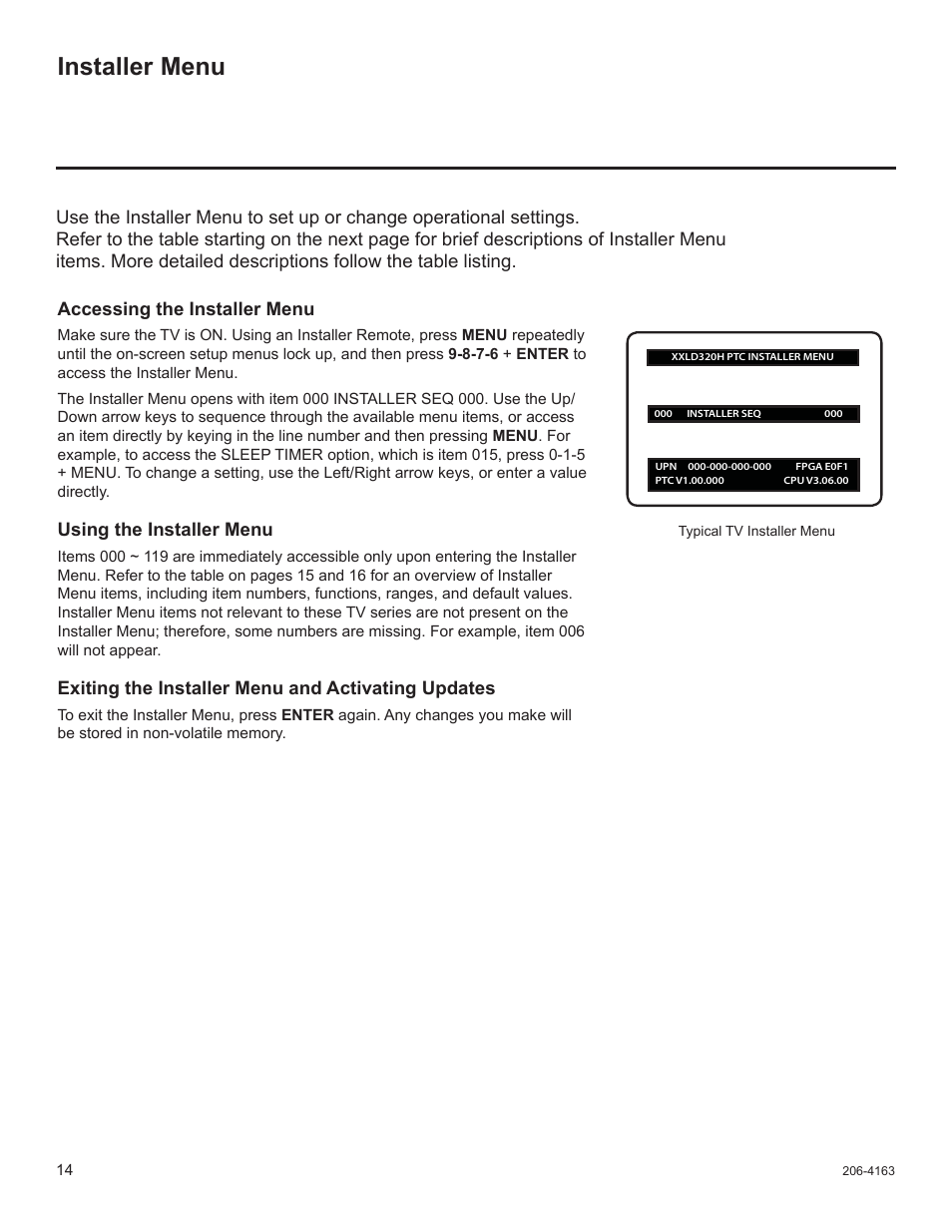 Installer menu, Using the installer menu, Exiting the installer menu and activating updates | LG 32LD320H User Manual | Page 131 / 267
