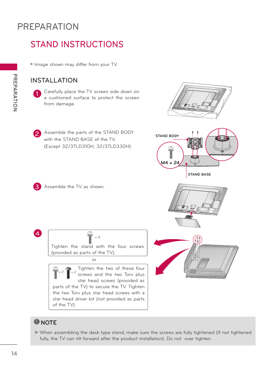 Stand instructions, Preparation, Installation | LG 32LD320H User Manual | Page 14 / 267