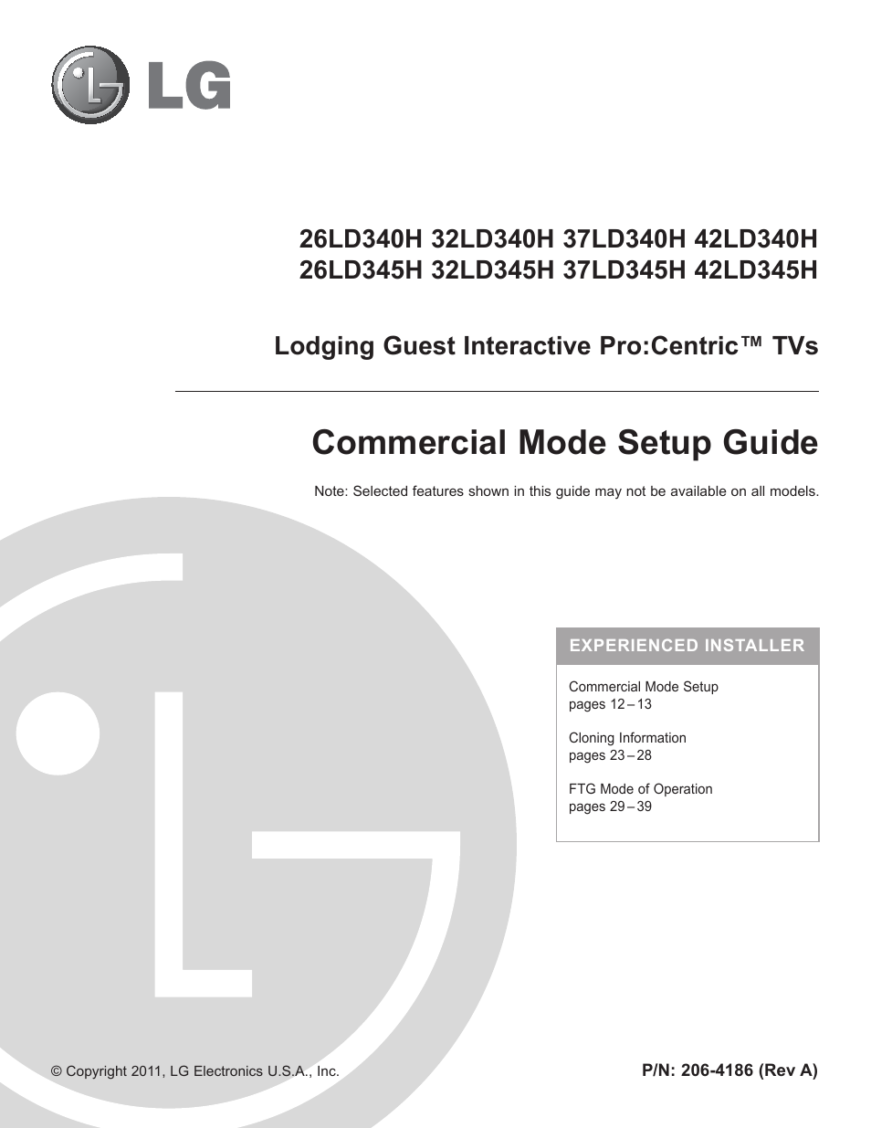 Commercial mode setup guide, Lodging guest interactive pro:centric™ tvs | LG 32LD320H User Manual | Page 213 / 267