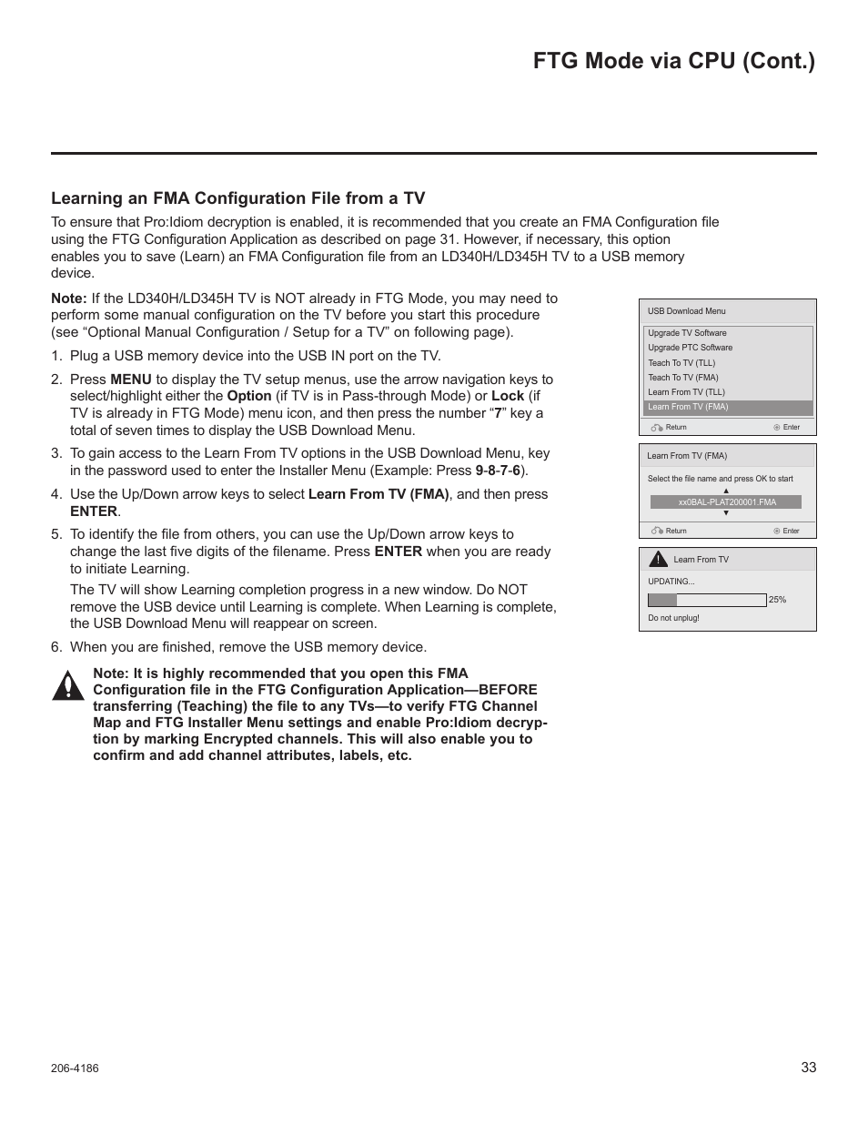 Ftg mode via cpu (cont.), Learning an fma configuration file from a tv | LG 32LD320H User Manual | Page 245 / 267