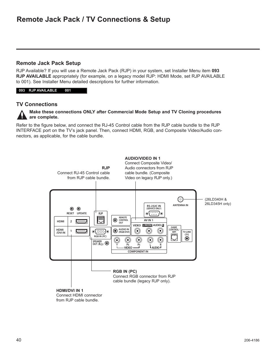 Remote jack pack / tv connections & setup, Remote jack pack setup, Tv connections | LG 32LD320H User Manual | Page 252 / 267