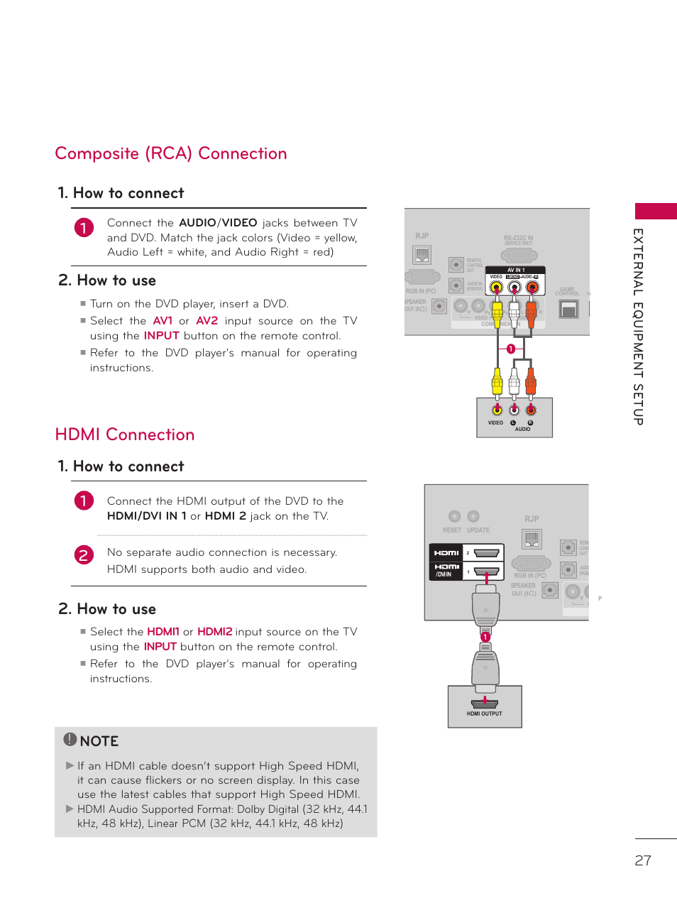 Composite (rca) connection, Hdmi connection, How to connect | How to use, Turn on the dvd player, insert a dvd | LG 32LD320H User Manual | Page 27 / 267