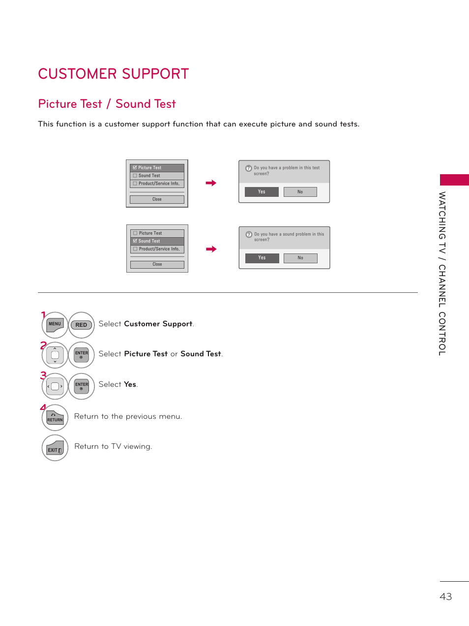 Customer support, Picture test / sound test | LG 32LD320H User Manual | Page 43 / 267