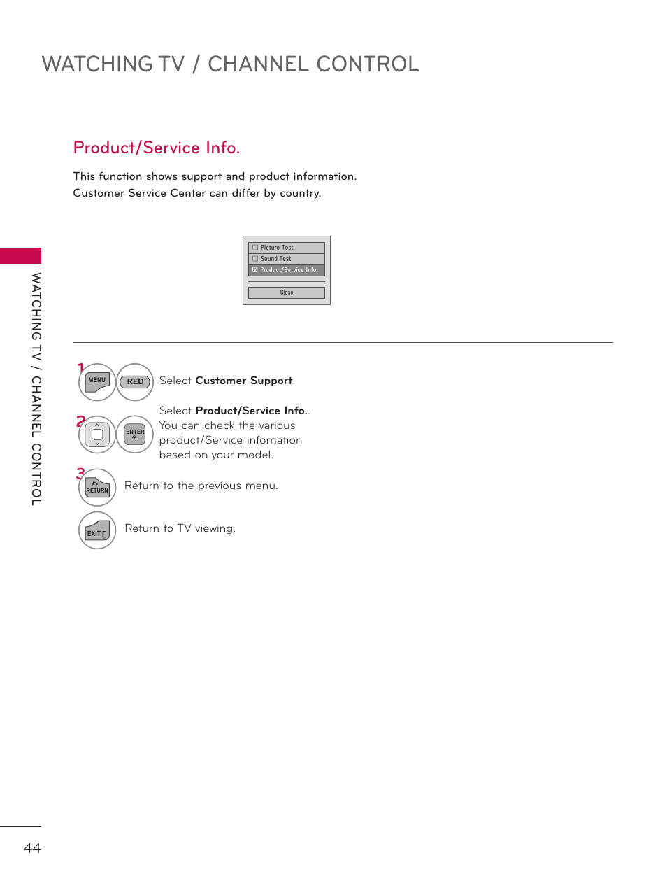 Product/service info, Watching tv / channel control | LG 32LD320H User Manual | Page 44 / 267
