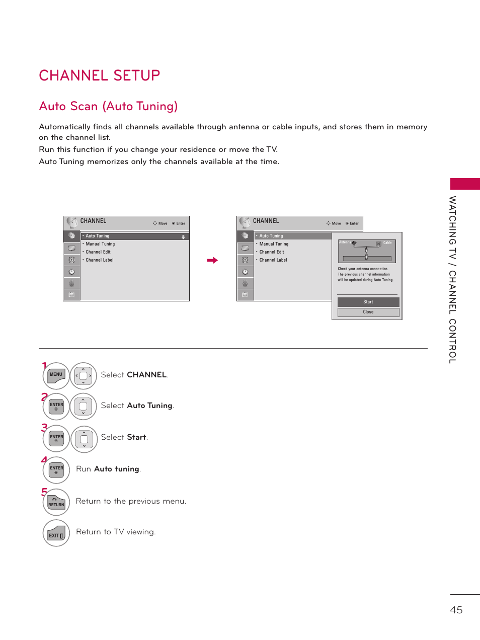 Channel setup, Auto scan (auto tuning) | LG 32LD320H User Manual | Page 45 / 267