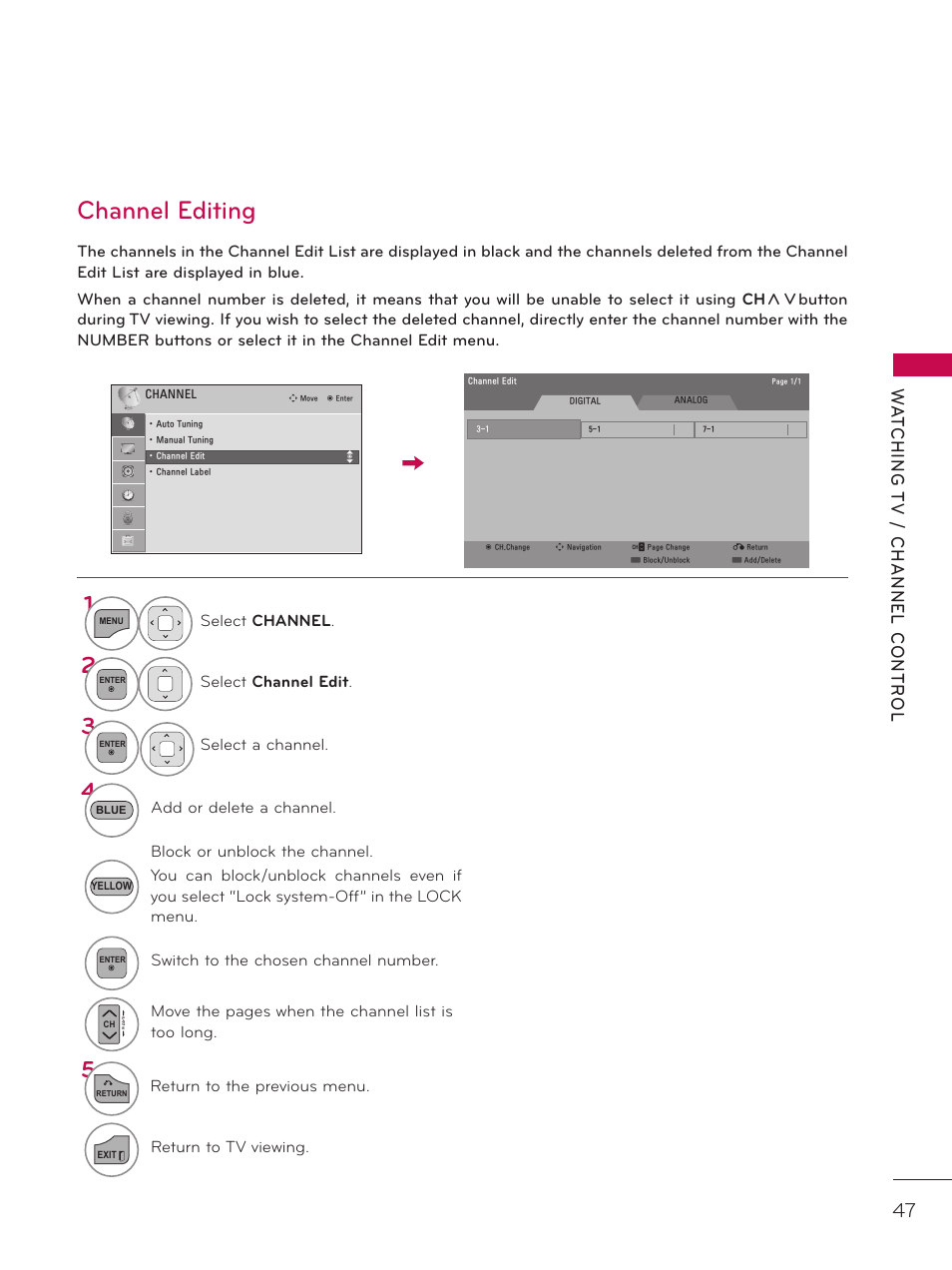 Channel editing | LG 32LD320H User Manual | Page 47 / 267