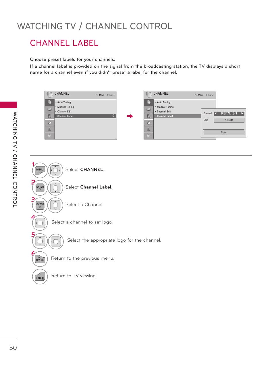 Channel label, Watching tv / channel control | LG 32LD320H User Manual | Page 50 / 267