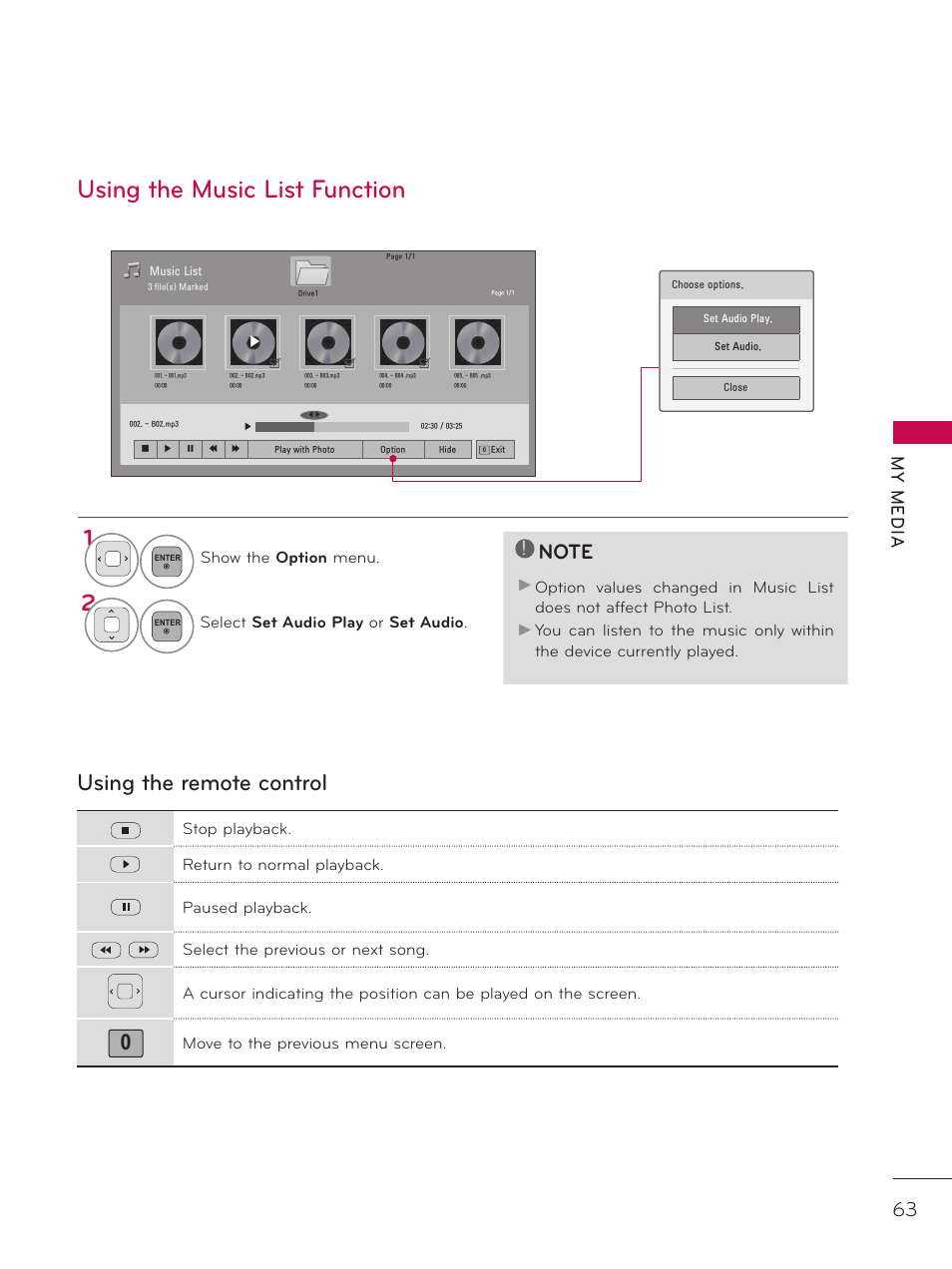 Using the music list function, Using the remote control 1, My m ed ia | LG 32LD320H User Manual | Page 63 / 267