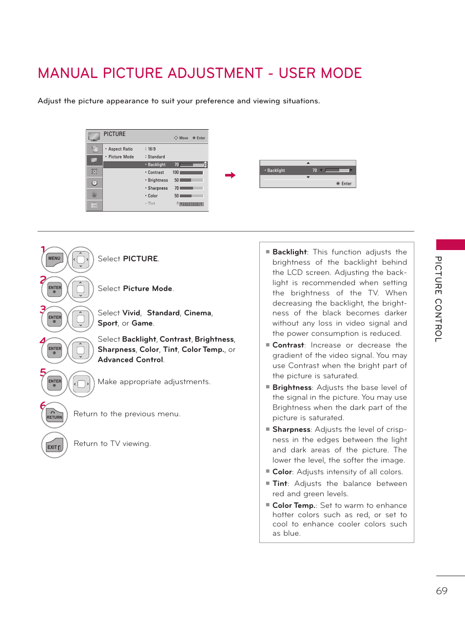 Manual picture adjustment - user mode | LG 32LD320H User Manual | Page 69 / 267