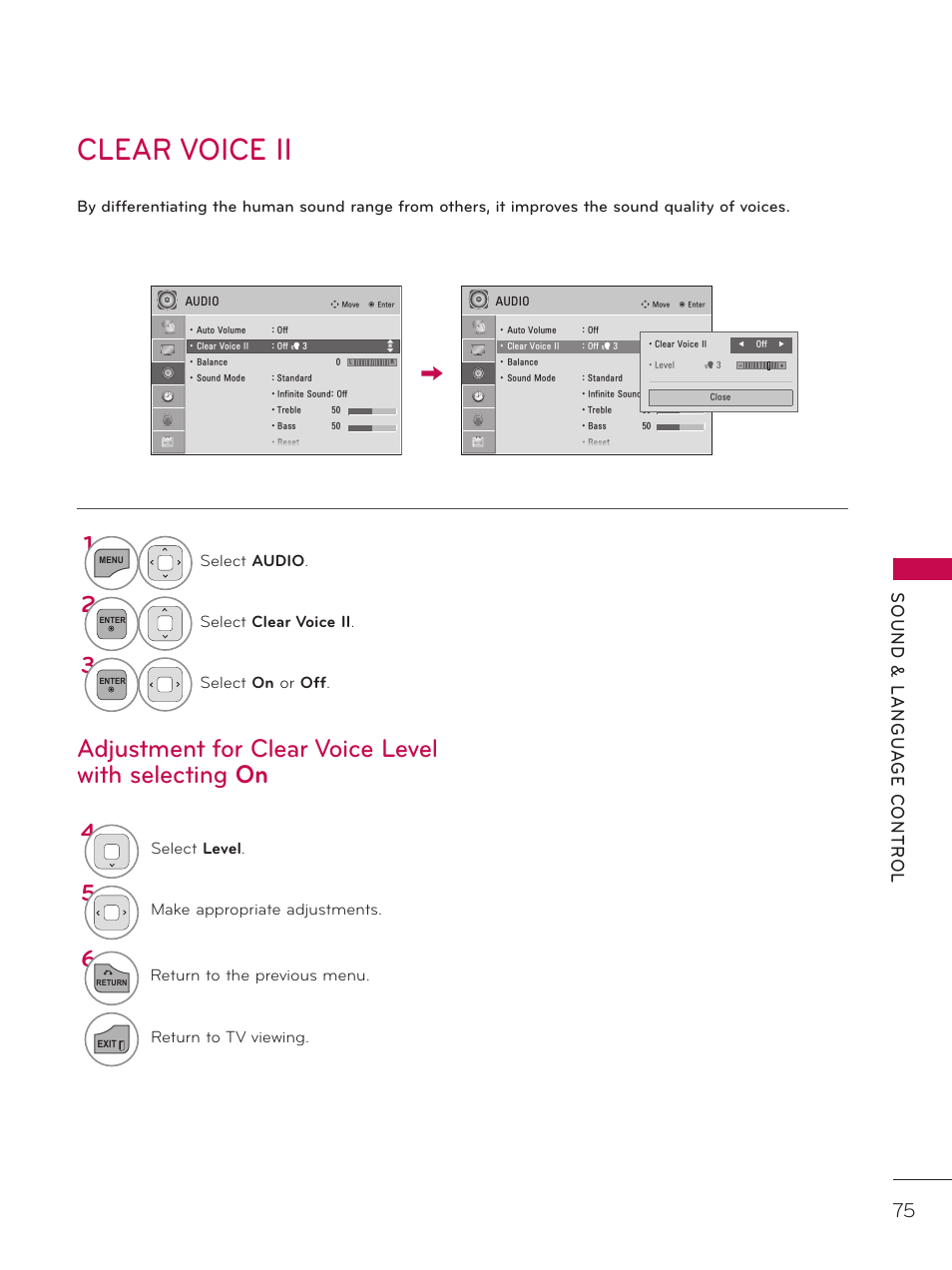 Clear voice ii, Adjustment for clear voice level with selecting on | LG 32LD320H User Manual | Page 75 / 267