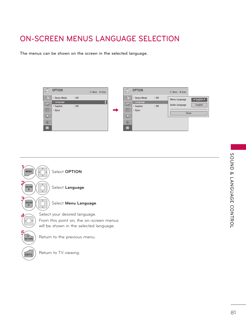 On-screen menus language selection | LG 32LD320H User Manual | Page 81 / 267