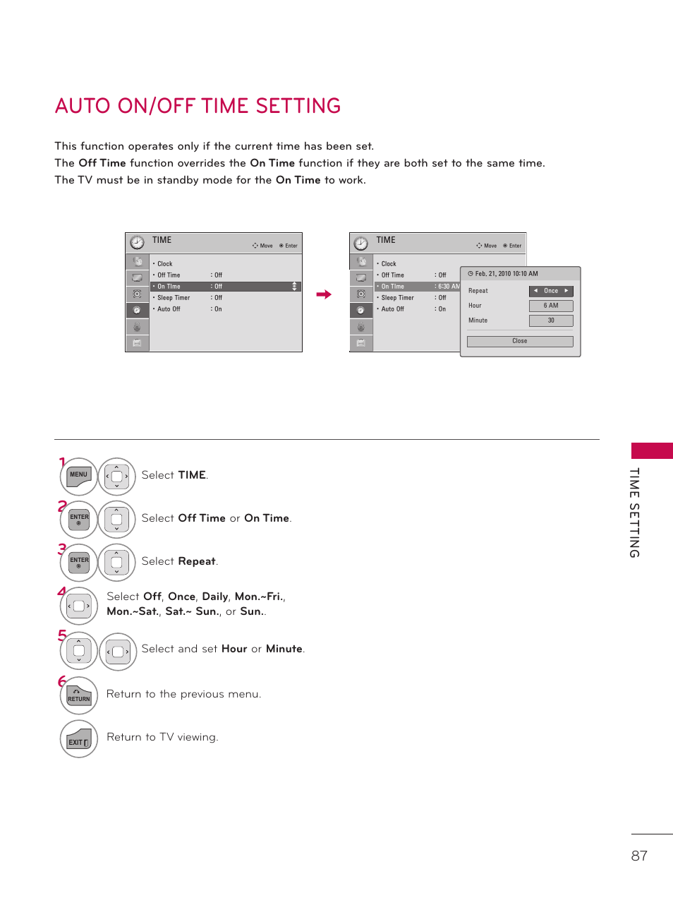 Auto on/off time setting, Tim e s et tin g | LG 32LD320H User Manual | Page 87 / 267