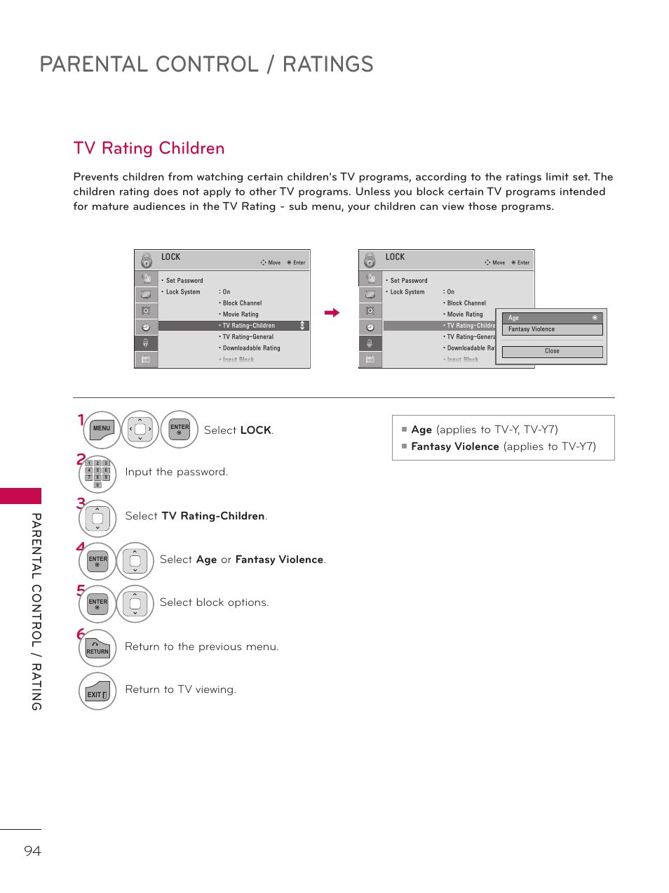 Tv rating children, Parental control / ratings | LG 32LD320H User Manual | Page 94 / 267